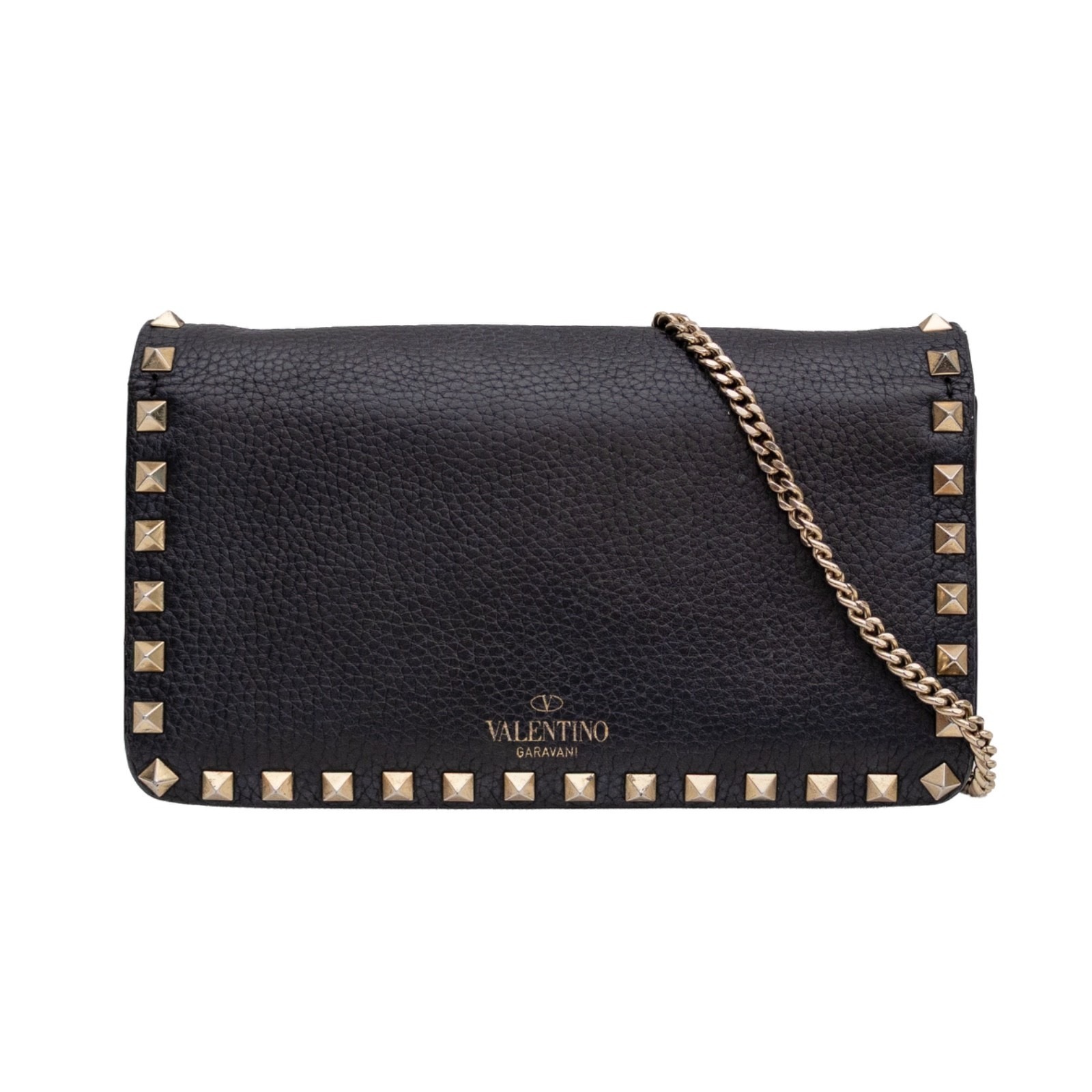 Valentino Garavani Rockstud Black Leather Wallet On Chain Crossbody Clutch